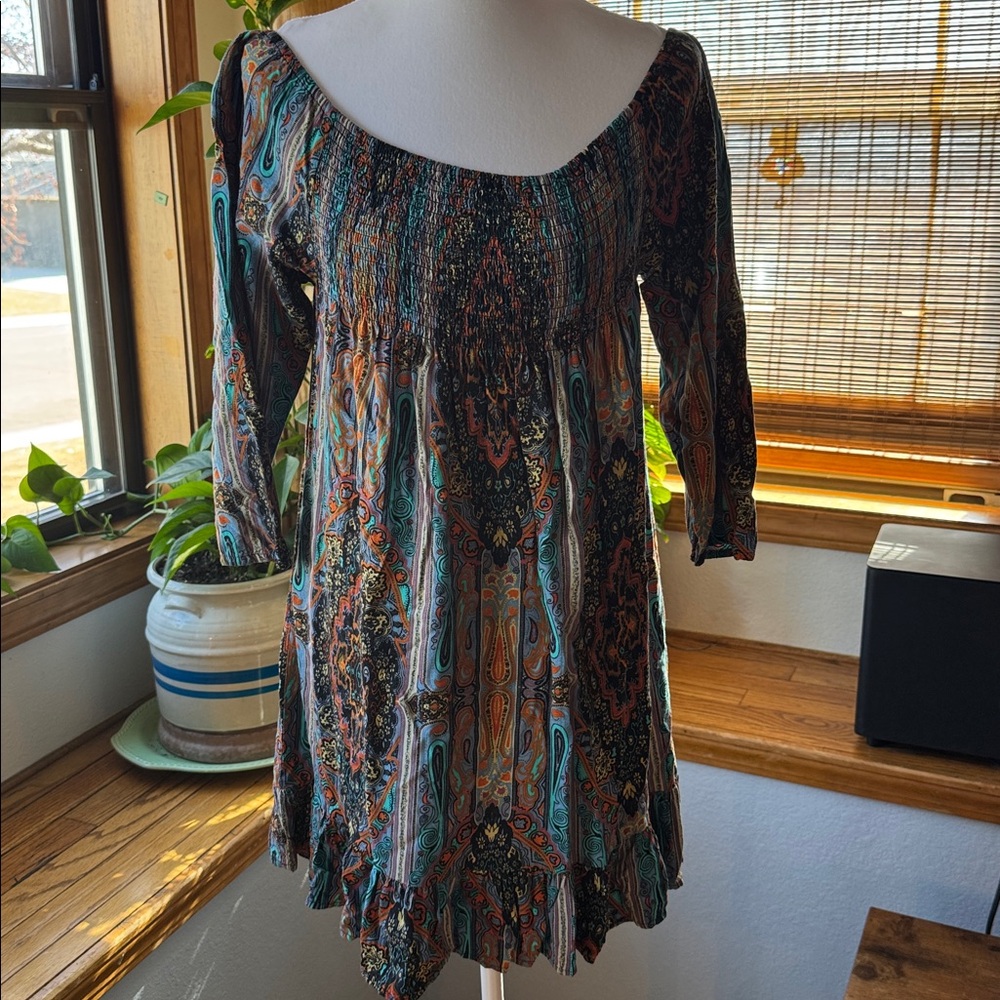 Band of Gypsies Off the Shoulder Mini Dress Boho print Elastic Bust SZ Small